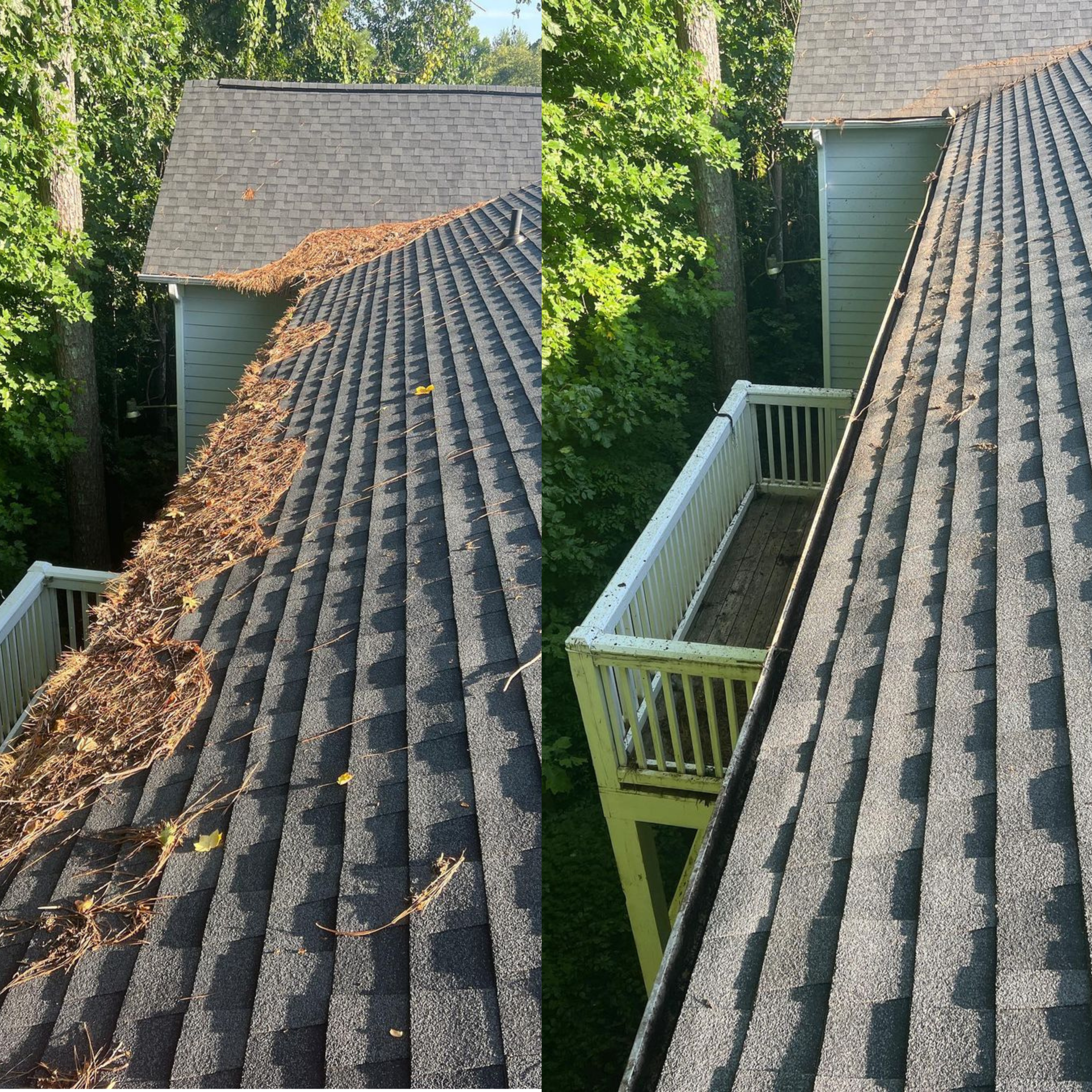 Before and after of gutter cleaning, showing debris-filled gutters transformed into clear, functioning channels.